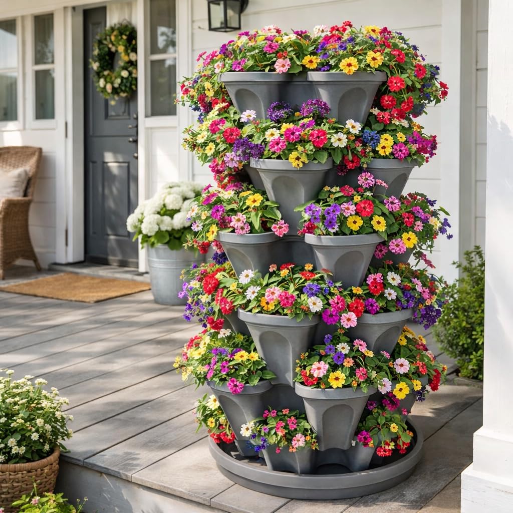 5-Tier Stackable Strawberry Garden – 24 Quart Indoor / Outdoor Stacking Planter with Drip Saucer – Grow Herbs, Strawberries, and Flowers from The Kitchen or Backyard – Plant and Stack! Easy Gardening