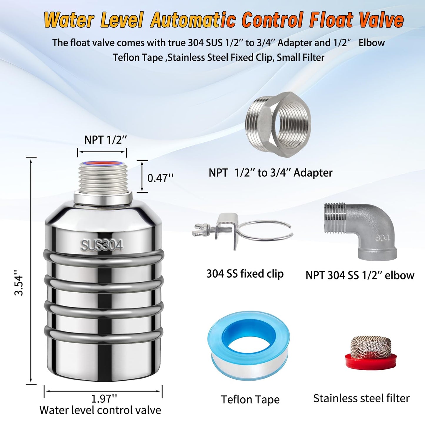 2-Pack NPT 1/2" Float Valve, Leak-Proof 304 Stainless Steel Automatic Water Level Control Float Valve with 1/2" 3/4" Premium 304 SS Connections for Water Trough Fish Tank Pool Livestock