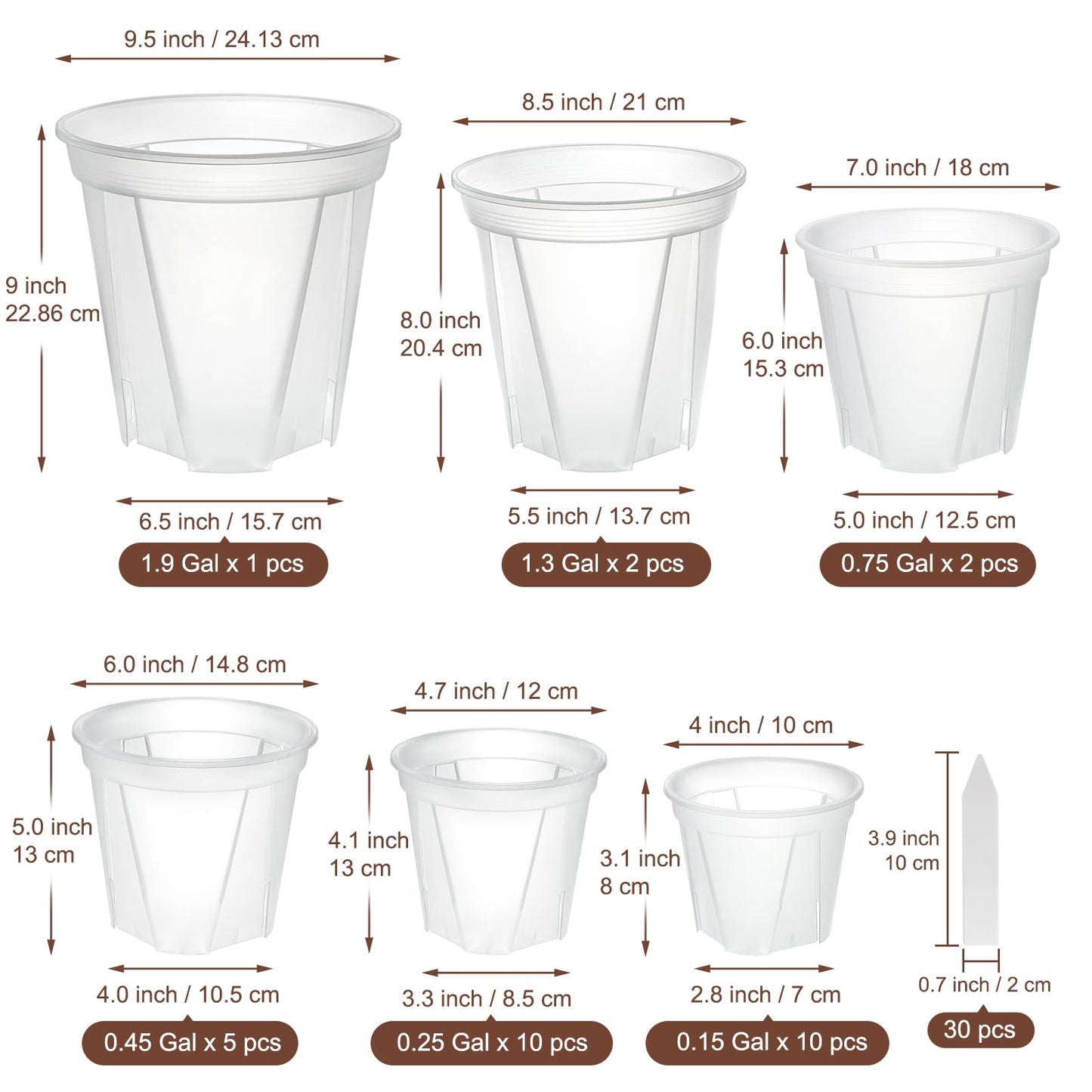 Clear Nursery Pots with Drainage, 30 Pack Transparent Plastic Orchid Planters, 6 Sizes Plant Pots 9.5/8.5/7/6/4.7/4 Inch with 30 Plant Labels for Seedlings, Succulents, Indoor/Outdoor Repotting