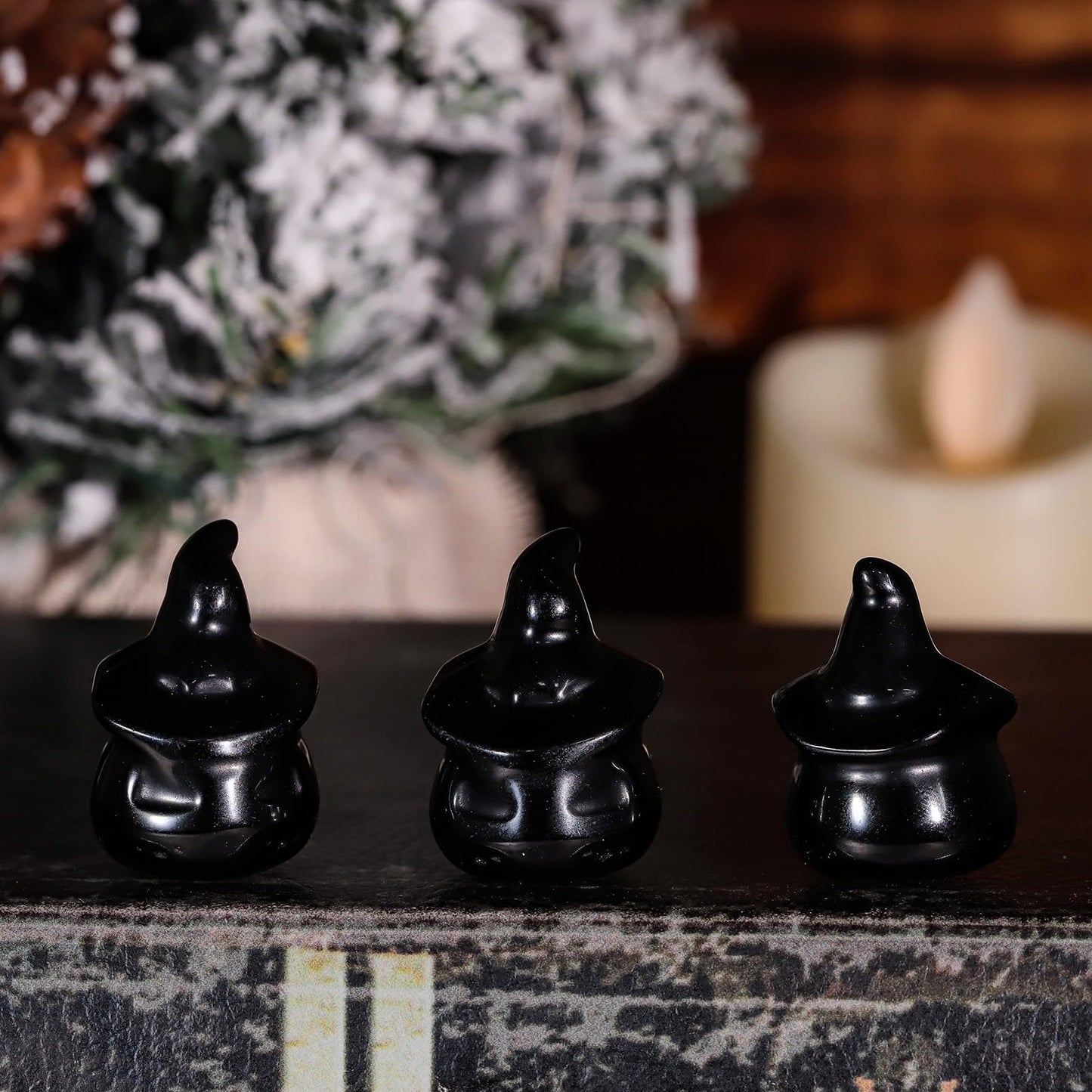 mookaitedecor Set of 2 Hand Carved Crystal Pumpkin Ghost Figurine, Mini Pocket Stone Statue Pumpkin Sculpture for Halloween Party Tabletop Decoration, Black Obsidian