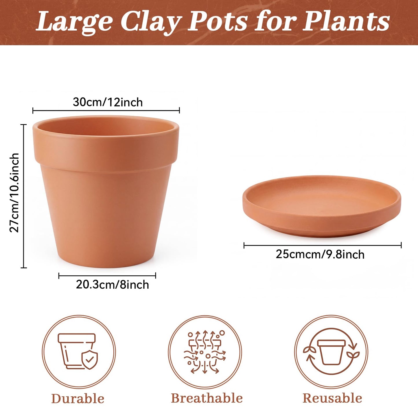 Ferrochef 12 Inch Large Terracotta Pot with Drainage Hole and Saucer, Large Ceramic Clay Planter Terracotta Flower Planter Flowerpot with Tray for Indoor Outdoor Plants Flower Succulents Herbs Cacti