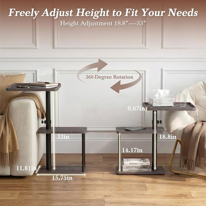 Faesun C Table End Table Adjustable Height, 360°Swivel TV Tray Table