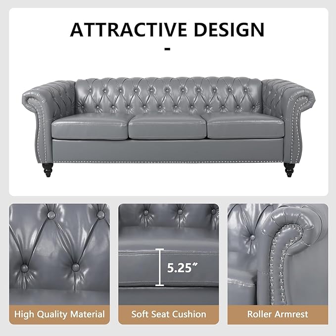 Mid-Century 3 Seater Sofa, Faux Leather Couch
