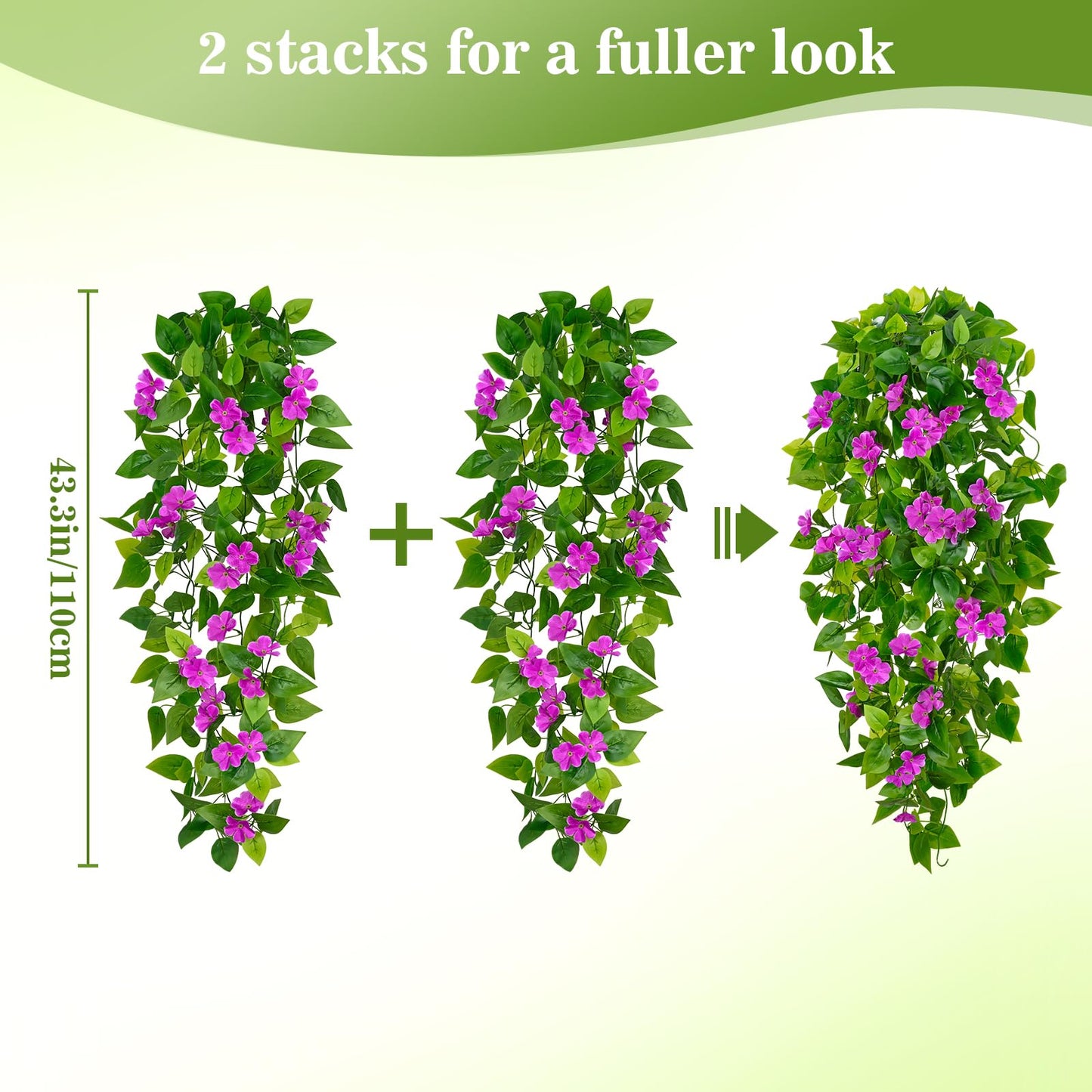 BLEUM CADE Artificial Hanging Flowers for Outdoors, 2pcs Fake Hanging Plants Pothos Vines with Purple Flowers for Wall Home Living Room Indoor Outdoor Decor (No Baskets)