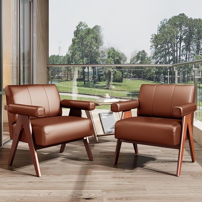 STHOUYN Brown Leather Accent Chairs Set of 2, Mid Century Modern Chair Set of 2