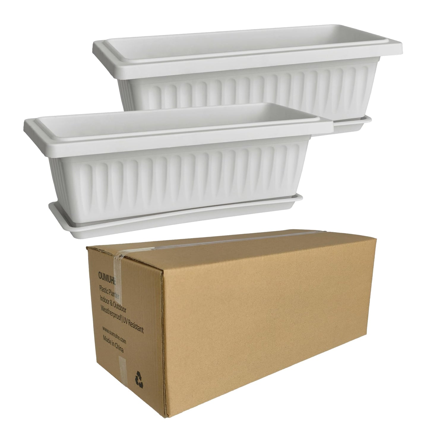 OUMUHE 19 Inch Rectangular Plastic Planters with Drainage and Matching Trays, Set of 2, Window Box Flower Pots for Indoor Outdoor Use (White)