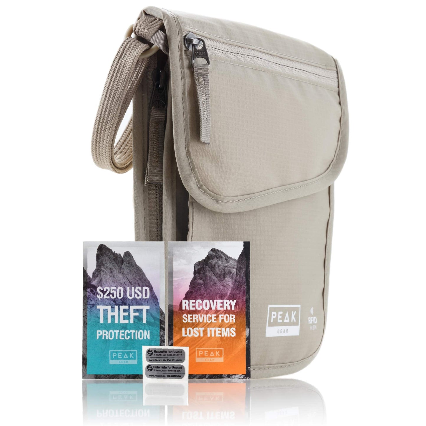 Peak Gear RFID Neck Wallet - The Original Travel Pouch with Adjustable Crossbody Strap + Theft Protection and Lost & Found Service | Beige