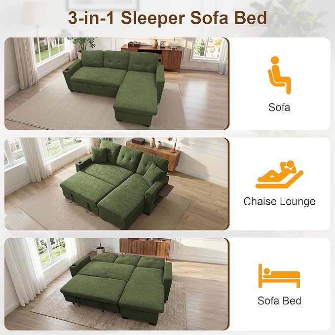 KCGKCG 82" L Shaped Sleeper Sofa Bed, Pull Out Sectional Couch