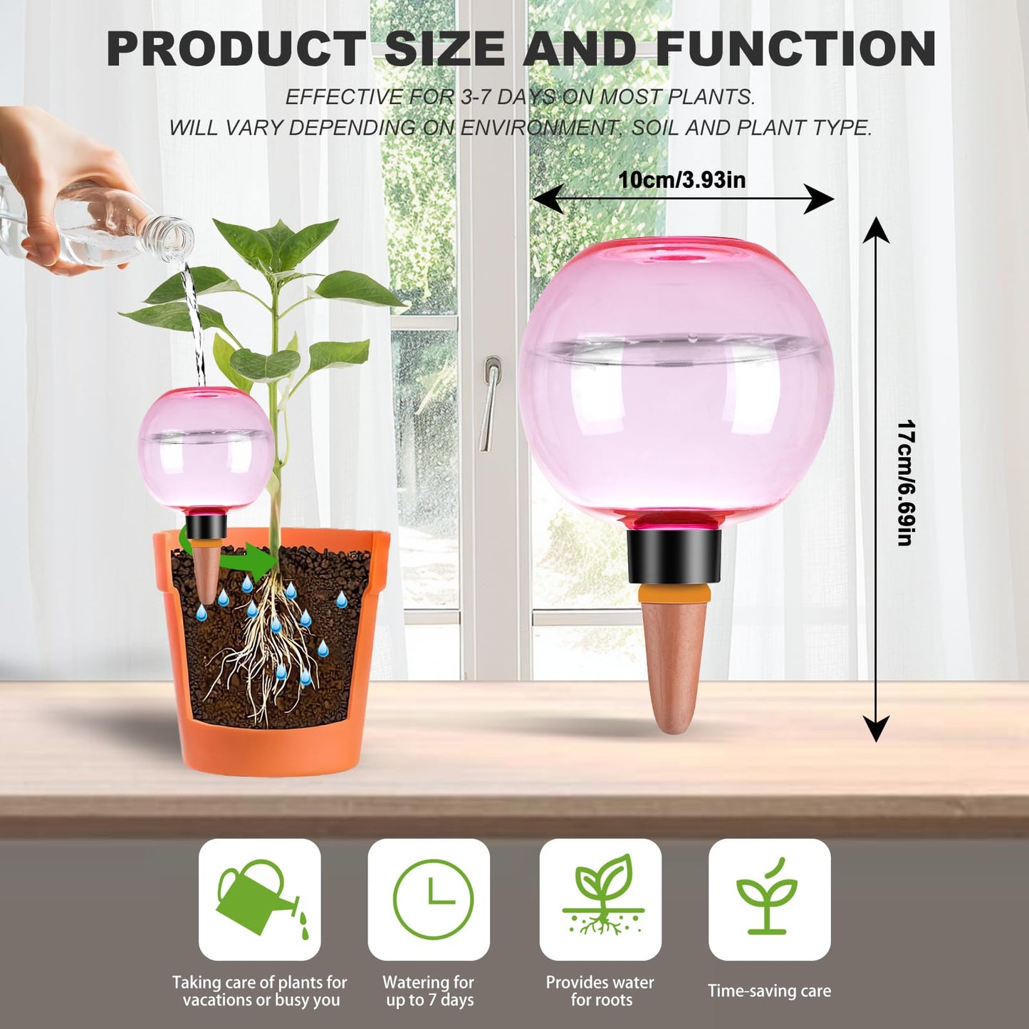 Ansberta 2 Pack Self Watering Globes 17oz Large Plant Watering Globes Top Fill, Self Water Planter Insert Indoor/Outdoor Plastic Water Bulbs Slow Release Terracotta for Plants, Pink