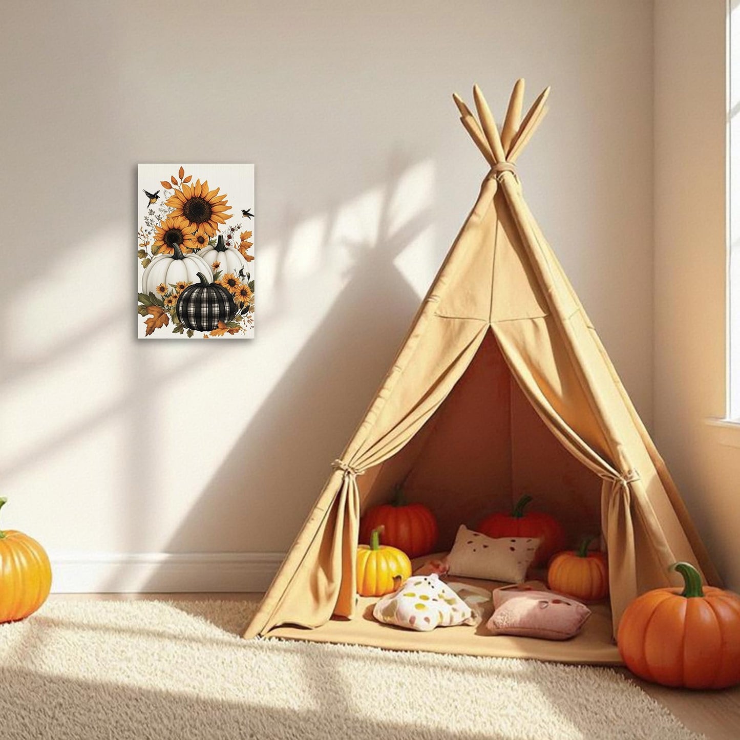 CHAOSETKEN Fall Pumpkin Wall Art Pumpkins with Flower Pictures Prints Autumn Harvest Theme Canvas Paintings Thanksgiving Artwork for Kitchen Farmhouse Decor Framed (Black,18L x 12W)