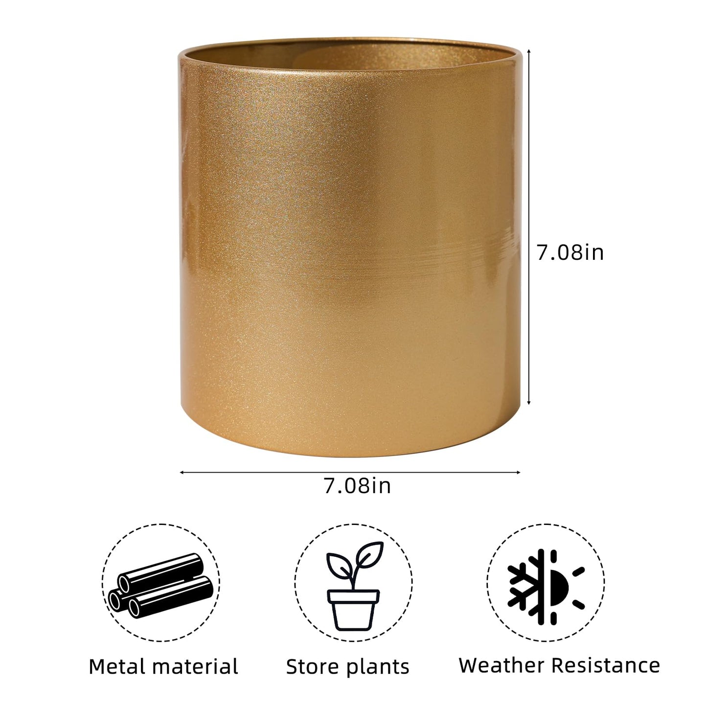 Rioneta Gold Metal Plant Pot with Drainage Hole,7 Inch Mid Century Modern Small Pot Indoor Outdoor Planters for Succulents, Flowers & Home Decor Gift Window Living Room Bedroom
