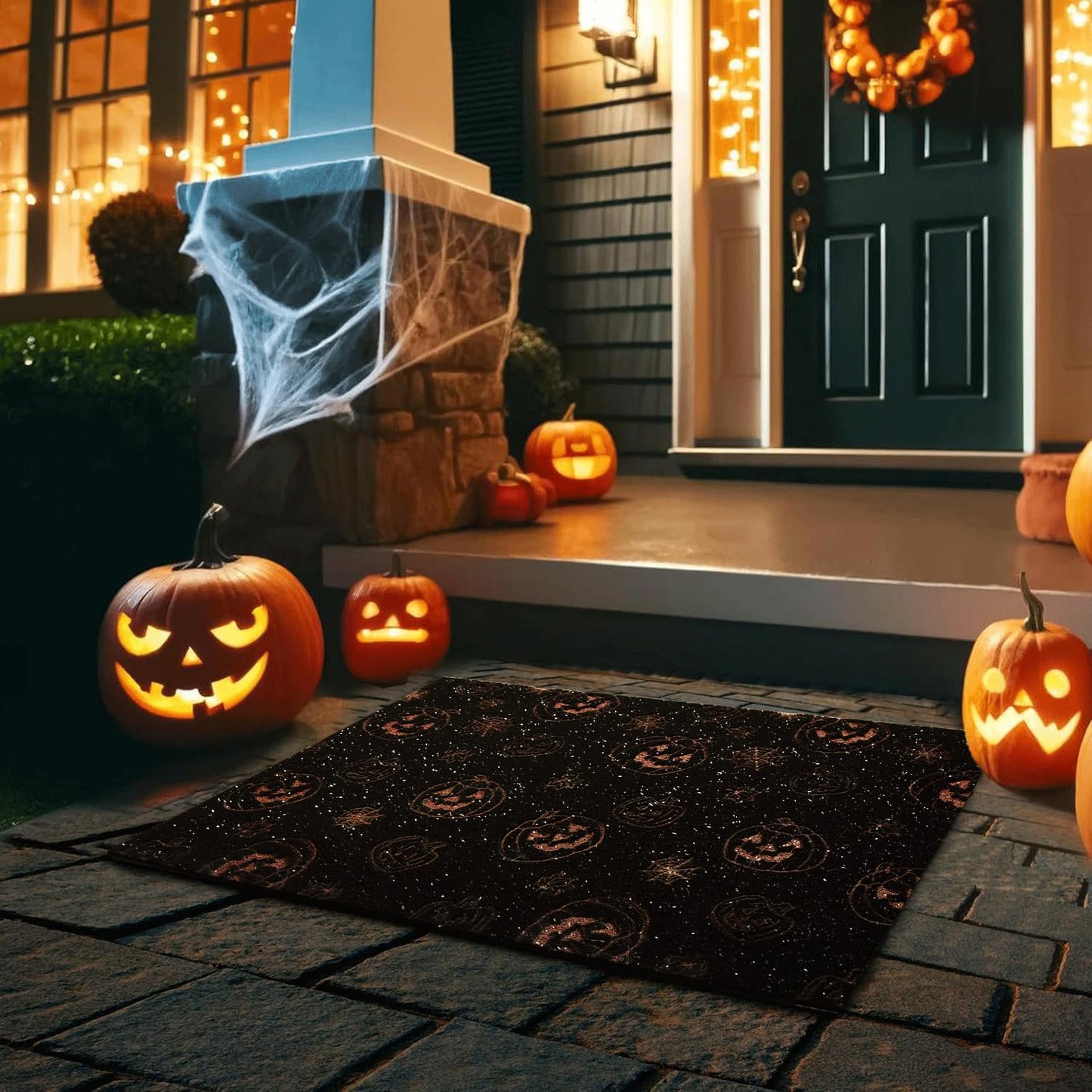 TYUU Pumpkin Front Door Mat Indoor Outside Entrance, Heavy Duty Dirt Trapper Doormat with Non Slip Backing Entryway Mat for Front Back Door, 17'' x 30'', Pumpkins Black