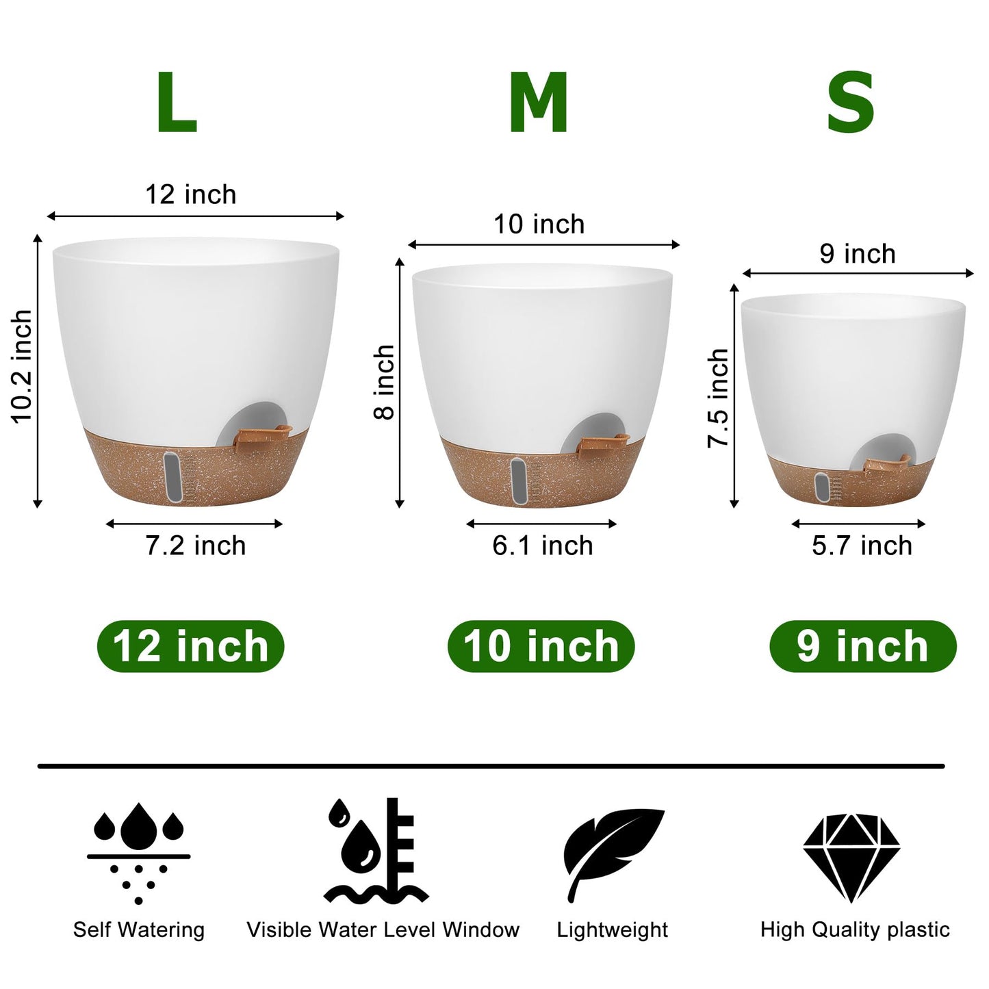 QRRICA 10/9/8/7.5/7 Inch Self Watering Pots and 12/10/9 Inch Water Level Indicator Plant Pots