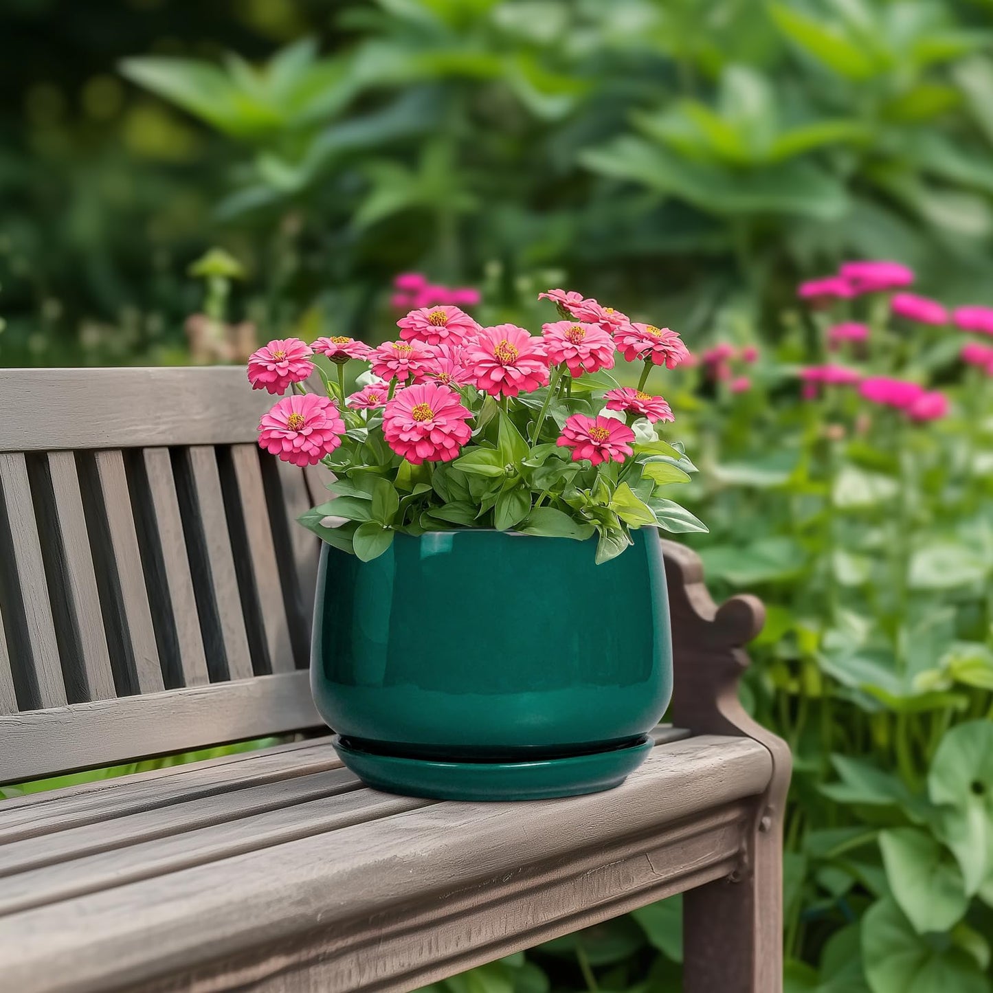 G EPGardening Ceramic Planter for Indoor Plants - 7 Inch Plant Pot, Round Planter with Drainage and Saucer, Round Flower Pots for Outdoor, Modern Desk Decor, Gift for Women Men, Green
