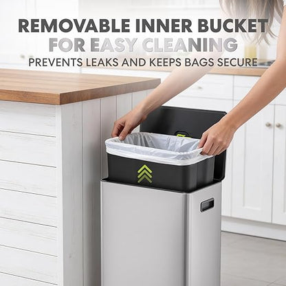 SIMPLI-Magic Infinity Edge 60L / 16 Gallon Kitchen Trash Can - Hands-Free Step Pedal, Soft-Close Lid, Stainless Steel Garbage Can with Inner Bucket