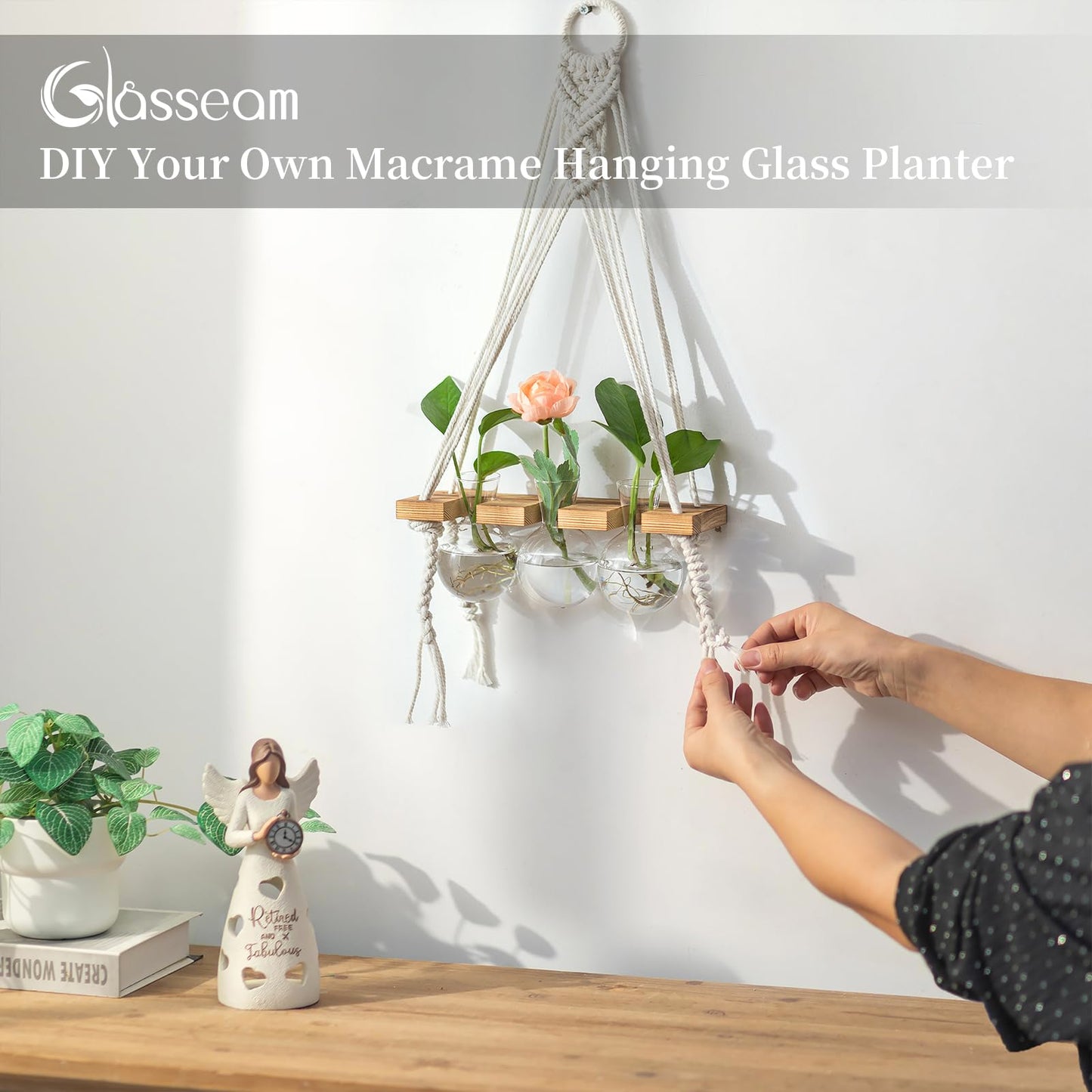 Glasseam Hanging Macrame Propagation Stations: Wall Window Glass Propagation Vases for Hydroponics Plants - Boho Decor Small Plant Terrarium Jars - Gifts for Women Mom Plants Lovers