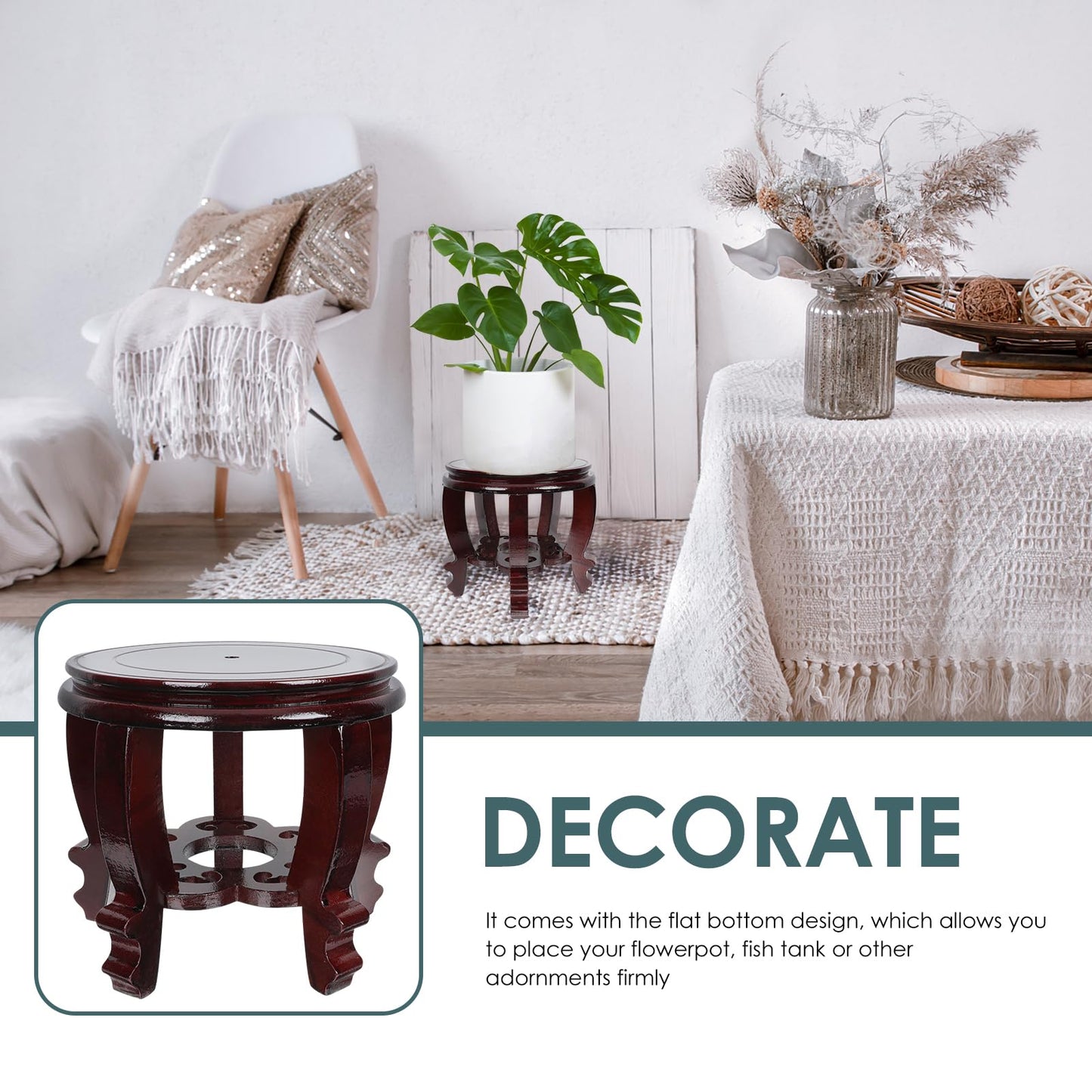 DOITOOL Large Plant Stool Wood Planter Stand Round Wooden Fish Tank Stand Oriental Style Indoor Plant Stand Wooden Display Base