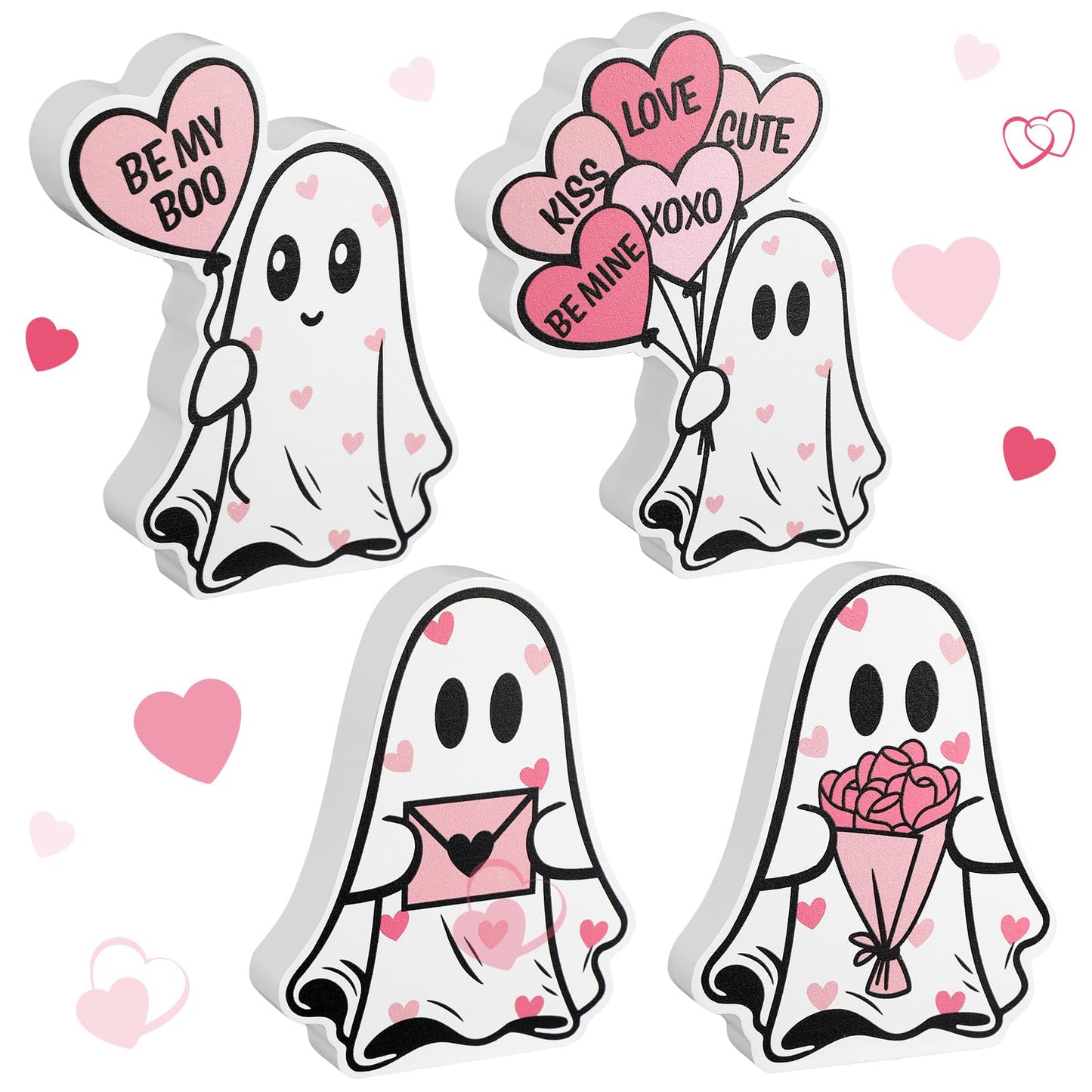 Novabright 4 Pcs Valentines Day Ghost Table Decorations Wooden Pink Heart Horror Valentines Decor Cute Ghost Boo Tiered Tray Decor Wood Centerpieces Signs Tabletop for Home Office Party Love Gifts