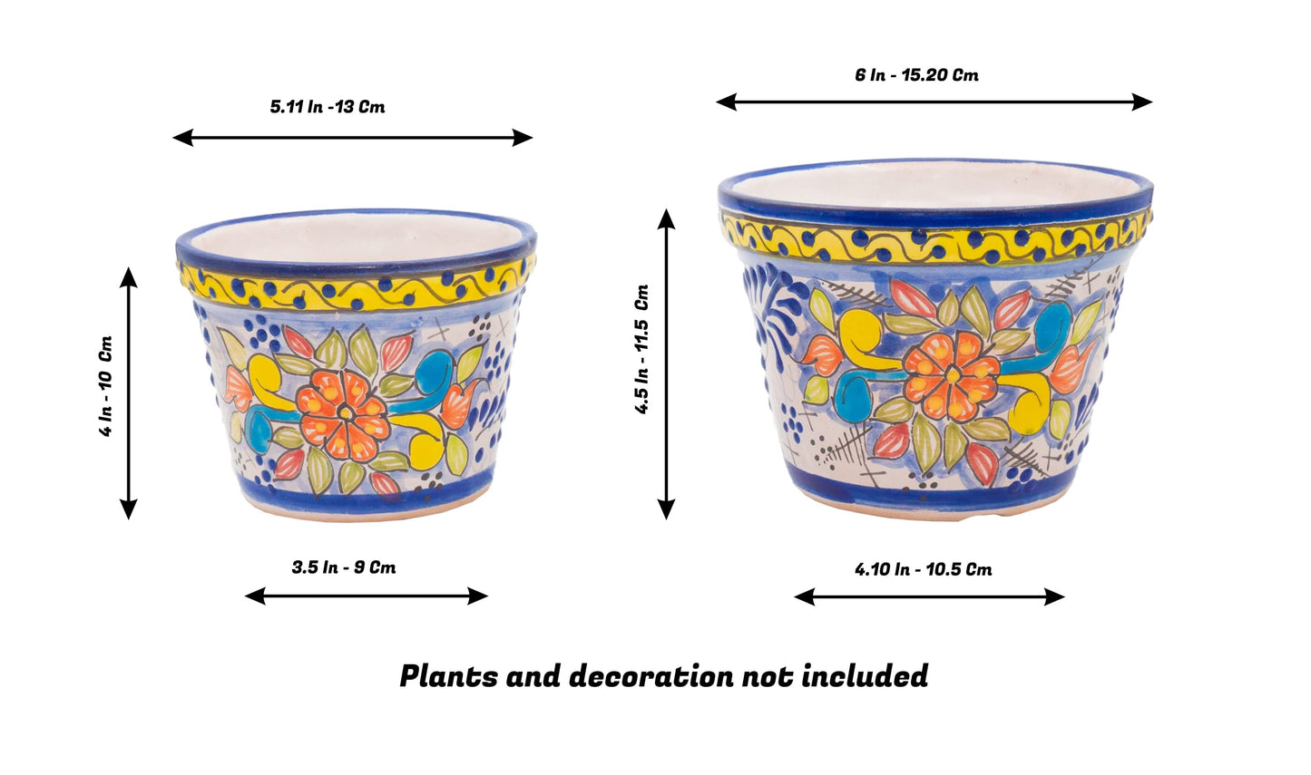 Fiesta Brands Talavera Mexican Pottery Planters Cobalt YellowTalavera Succulent Planter Set of 2 (6 in Diam x 4.5 in Tall and 5 in Diam x 4 in Tall)(Cobalt Yellow M)
