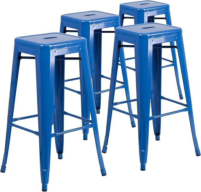 Flash Furniture Lily 4 Pack Commercial Grade 30" High Backless Blue Metal