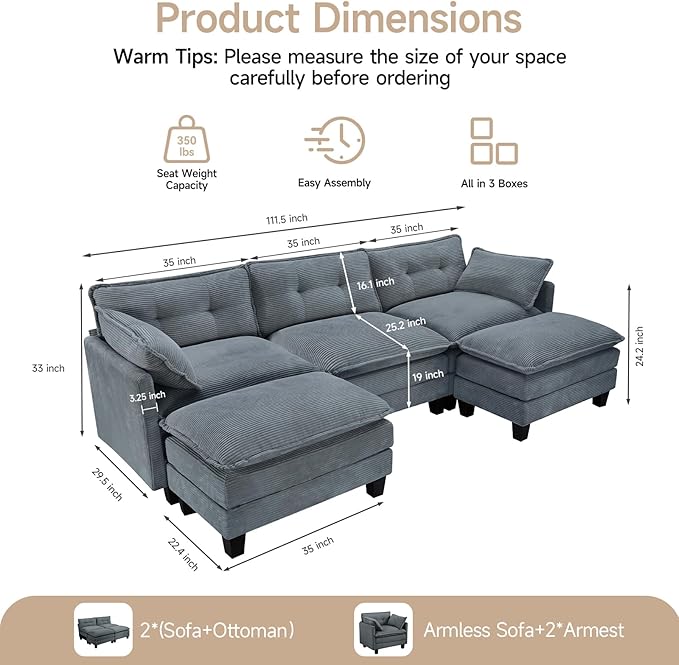 Amsleekey Modular Sectional Sofa, 111.5" U-Shaped Corduroy Comfy Sectional