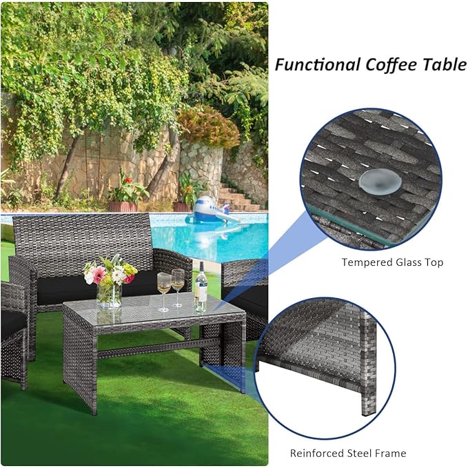 Tangkula 4 PCS Wicker Patio Conversation Set, Outdoor Rattan Sofas