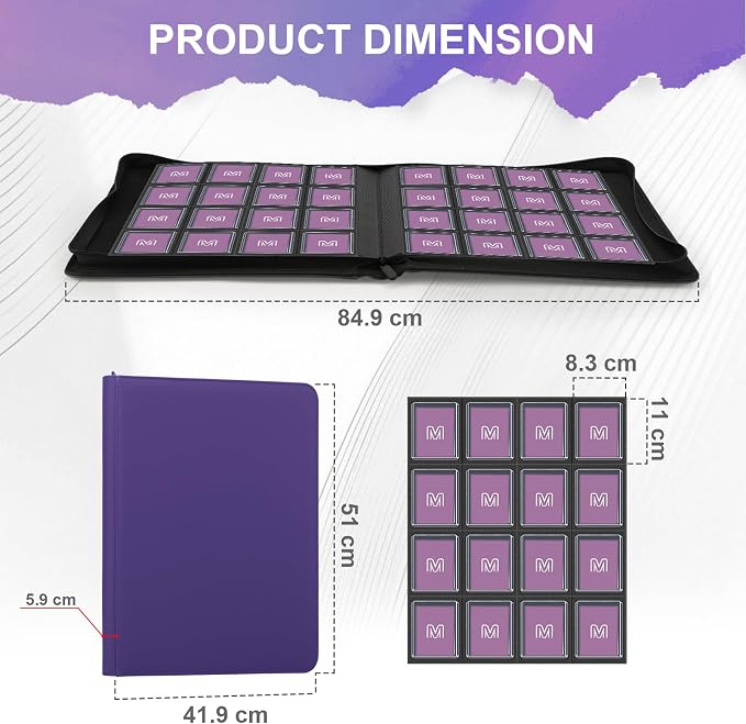 16 Pocket Toploader Binder,Holds 640 Top Loaders,Top Loader Binder for 3" x 4"Rigid Cards,Sleeves Card Collection Binder,20 Double Sided Pages,Compatible with Trading & Sports Holder (16Purple)