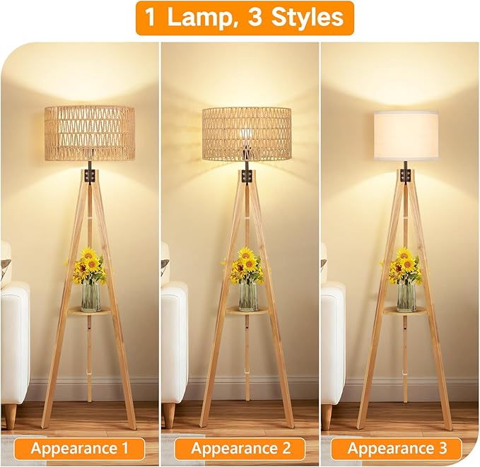 OUTON Boho Rattan Tripod Floor Lamp