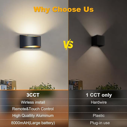 Battery Operated Wall Sconce with Remote Control,No Hardwired Aluminum Black Modern LED Wall Sconce Indoor,50W Equivalent Battery Wall Light,3000K-6500K Dimmable Wall Lamp