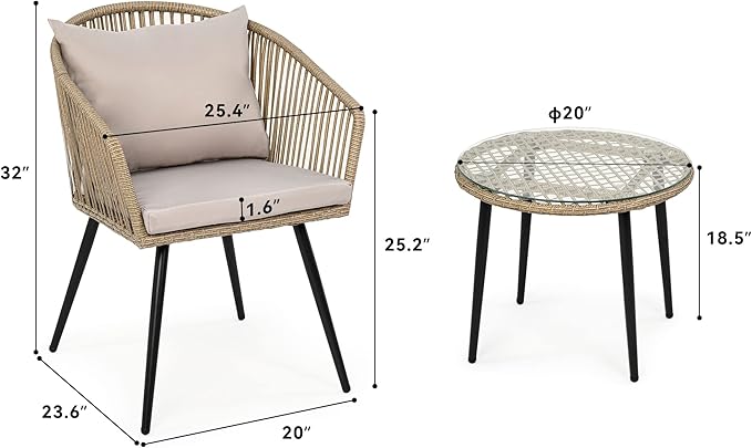 YITAHOME 3-Piece Wicker Small Patio Balcony Chair Set, Outdoor Rattan