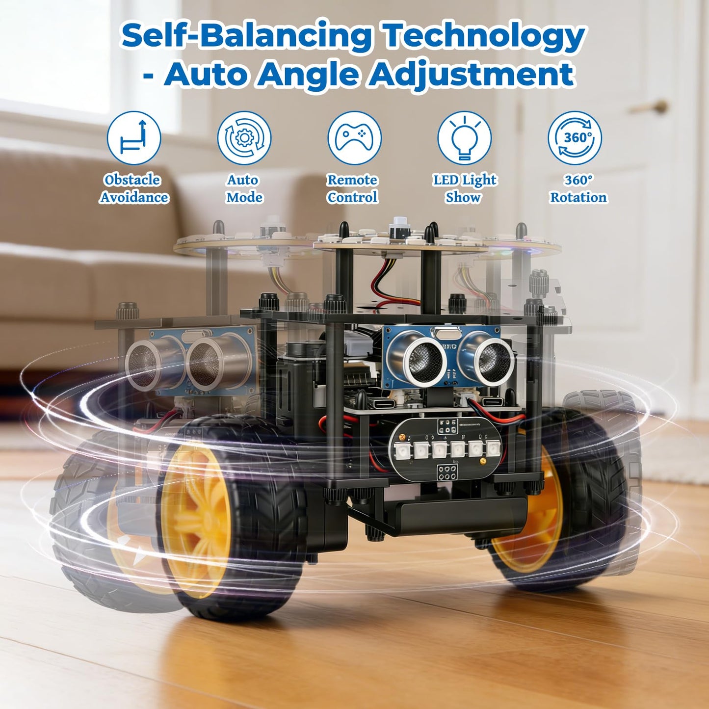 Elfew STEM Robot Car Toys for Kids 8-13, DIY Building Educational Robot Kit, 2WD Self-Balancing RC Car with Ultrasonic Obstacle Avoidance, 360° Rotation, LED Lights, Ideal Gift for Boys Girls