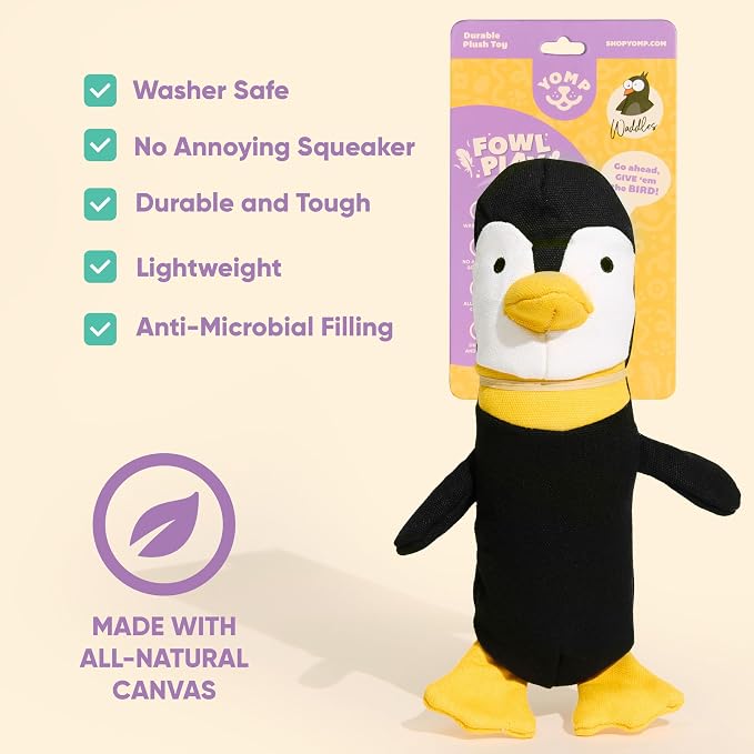 Yomp Penguin Dog Toy – Durable Stuffed, No Squeaker Dog Toys with Natural Canvas and Crinkle Paper – Interactive Stuffed Animal for Dogs (Waddles)