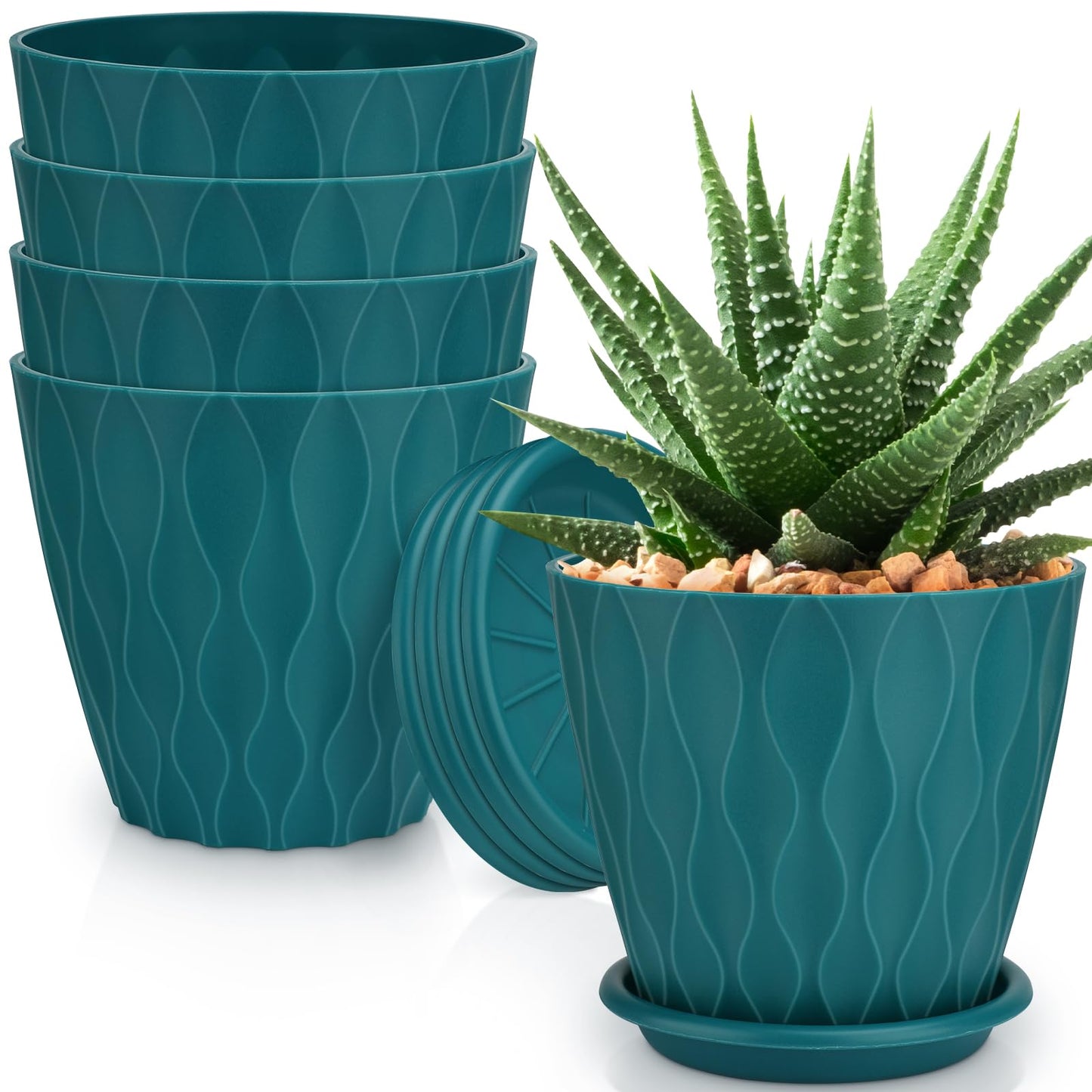 YNNICO 6 inch Plant Pots, 5 Pack Flower Pots Outdoor Indoor, Planters with Drainage Hole and Tray Saucer(Blue