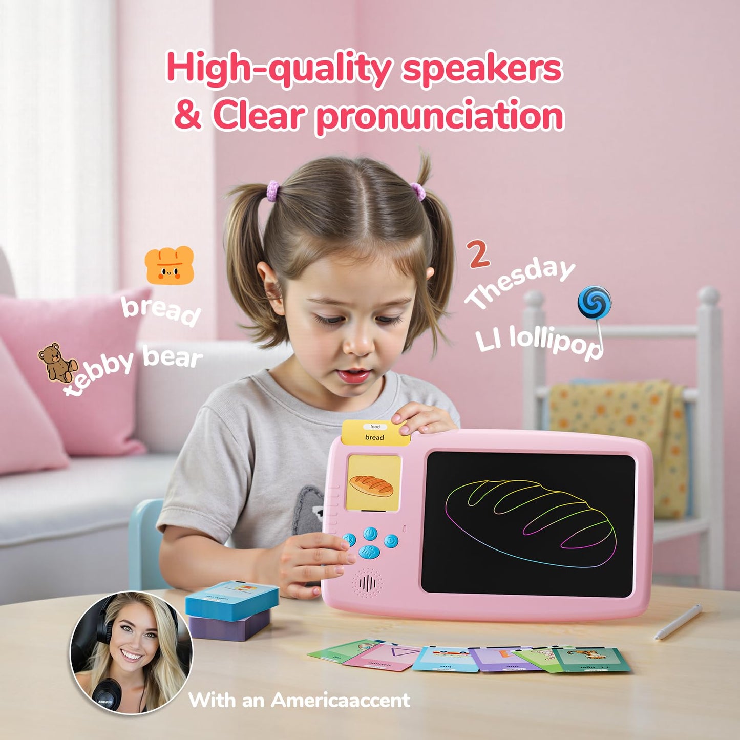 ZONSTVYS Talking Flash Cards for Toddlers: 2-in-1 LCD Writing Tablet with 510 Sight Words, Montessori Language Learning, Autism & Speech Therapy Toys for Children Ages 1-6, Pink
