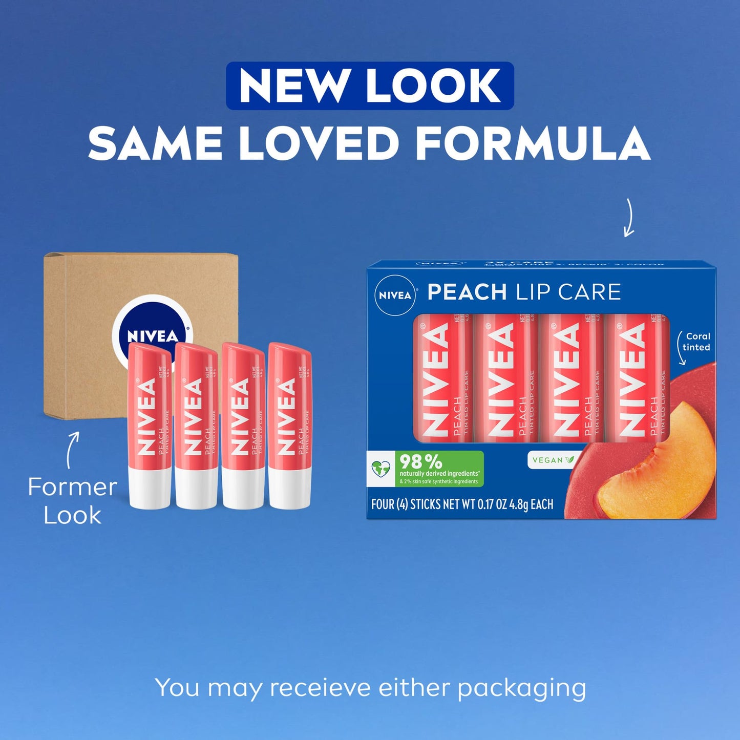 NIVEA Lip Care, Fruity Tinted Lip Balm Variety Pack, Cherry, Strawberry, Blackberry and Watermelon Flavors, 3-in-1 Moisture, Repair and Color, 0.17 Oz Stick, Pack of 4