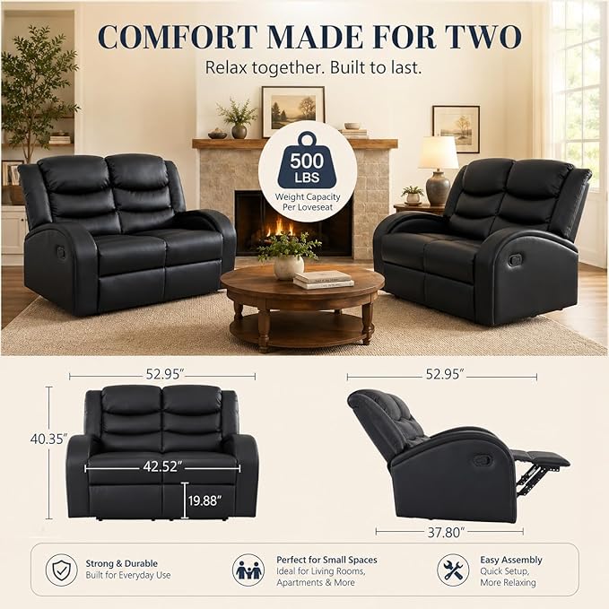 Recliner Sofa Set, 2 Piece Living Room Furniture Set, Leather Recliner Sofa