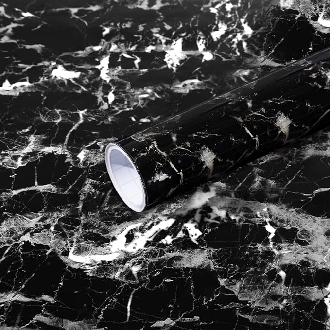 Arthome Black Marble Contact Paper, Peel and Stick Black Silver Paper, Self