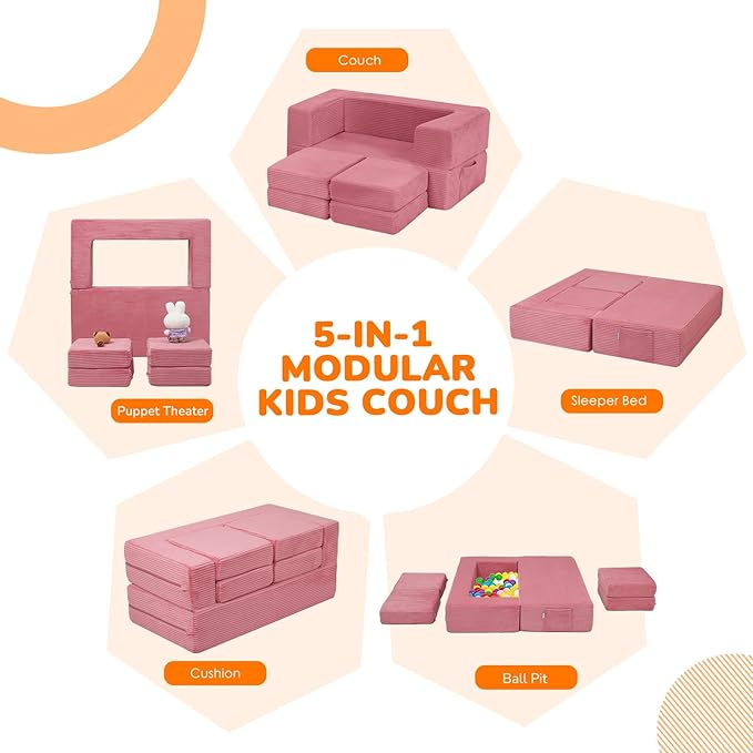 MeMoreCool Pink Corduroy Kids Play Couch, Modular Toddler Couch