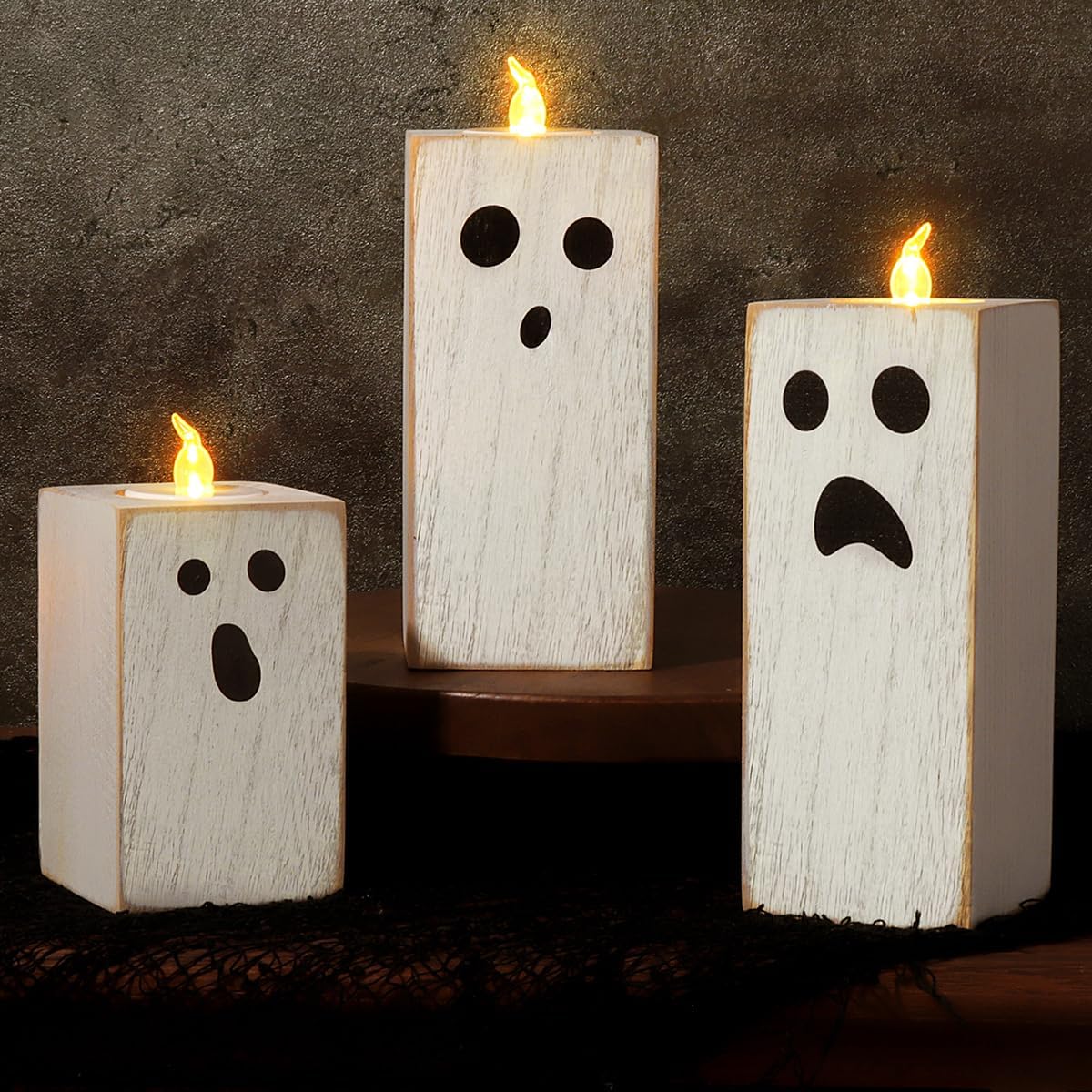 Treory Halloween Decorations: 3pcs Cute White Ghost Decor, Farmhouse Wooden Ghost Sign with Flameless LED Tea Lights, Rustic Room Decor for Kids Home Office School Desk Fireplace