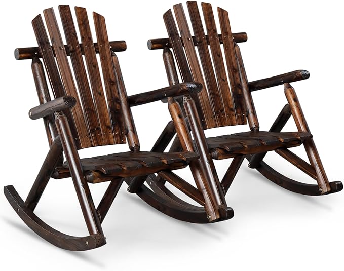Outvita Wooden Rocking Chair Set of 2, Fir Log Adirondack Rocker, Outdoor Wood