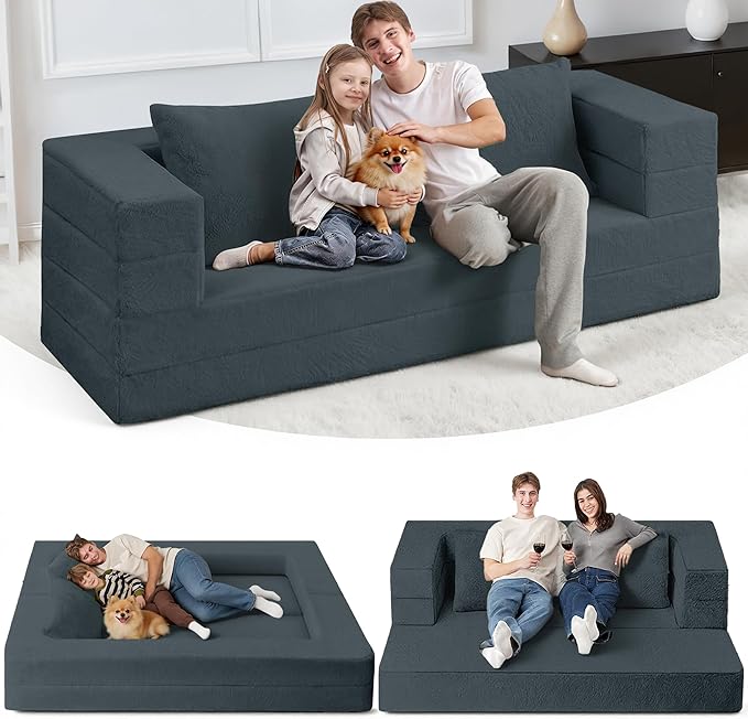 Folding Bean Bag Chair for Adults, 3-in-1 Bean Bag Couch Faux Fur Floor Sofa