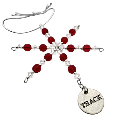Track Round Ornament - Beaded Snowflake Christmas Ornament with Red Beads