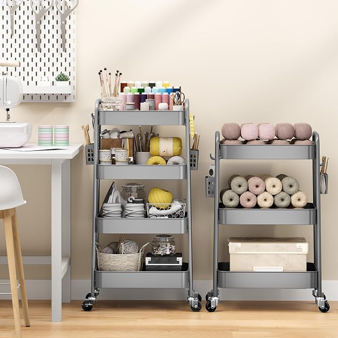 TOOLF 4 Tier Rolling Cart with Pegboard, Metal Storage Organizer Cart with Wheels, Hooks & Bins Esthetician Craft Art Sturdy Storage for Bathroom, Kitchen, Office, Nursery Diaper