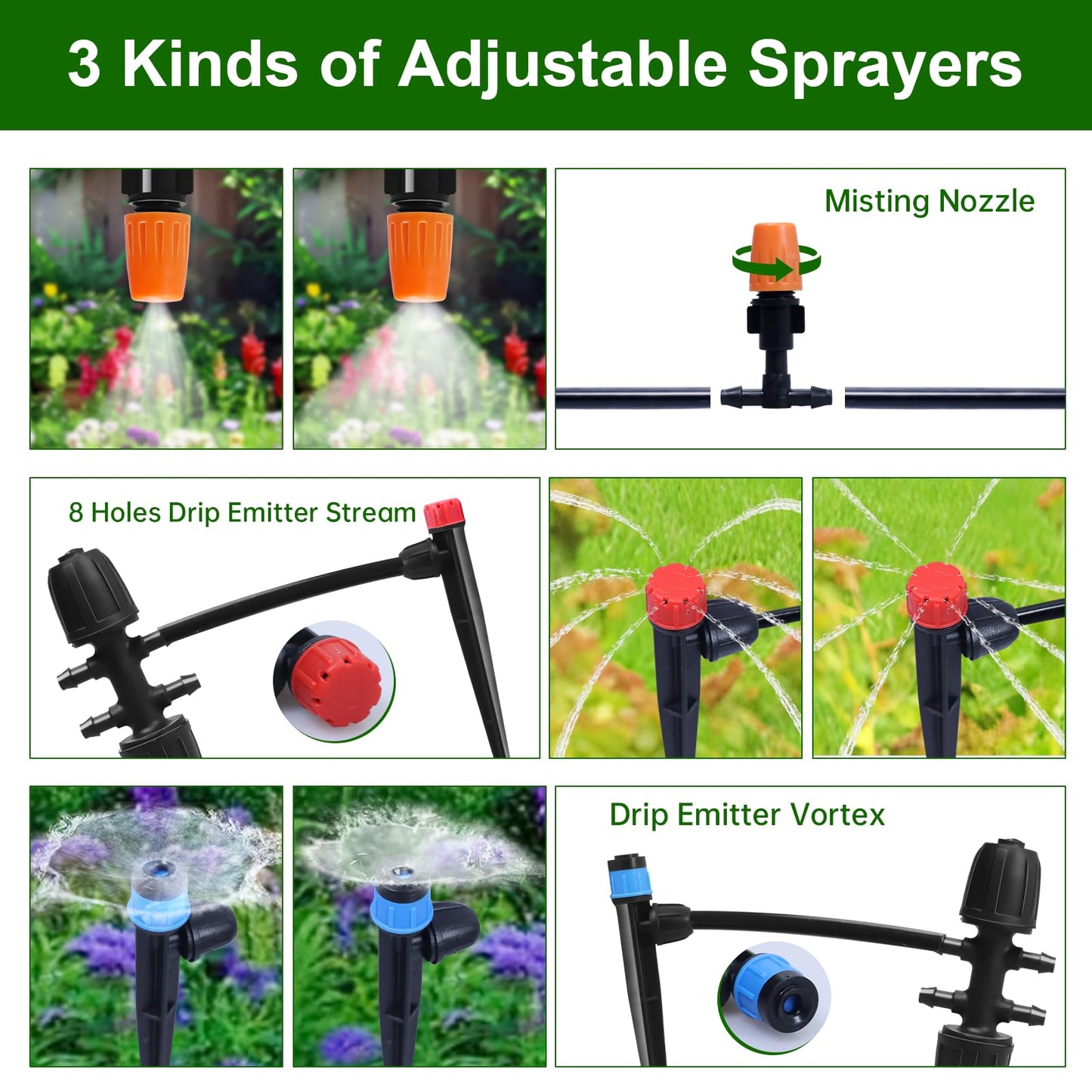 260 FT Drip Irrigation System Kit, Automatic Garden Watering System with 2/5" & 1/4" Tube for Greenhouse, Lawn, Raised Bed, Micro Misting Plant Sprinkler System, Adjustable Drip Emitters