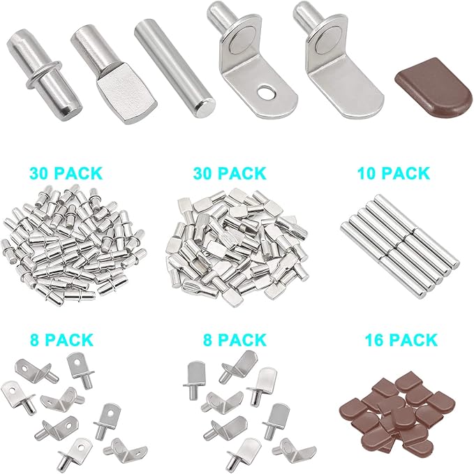 102Pcs Shelf Pins Pegs Kit, 6 Styles Nickel Plated Shelf Support Pegs,