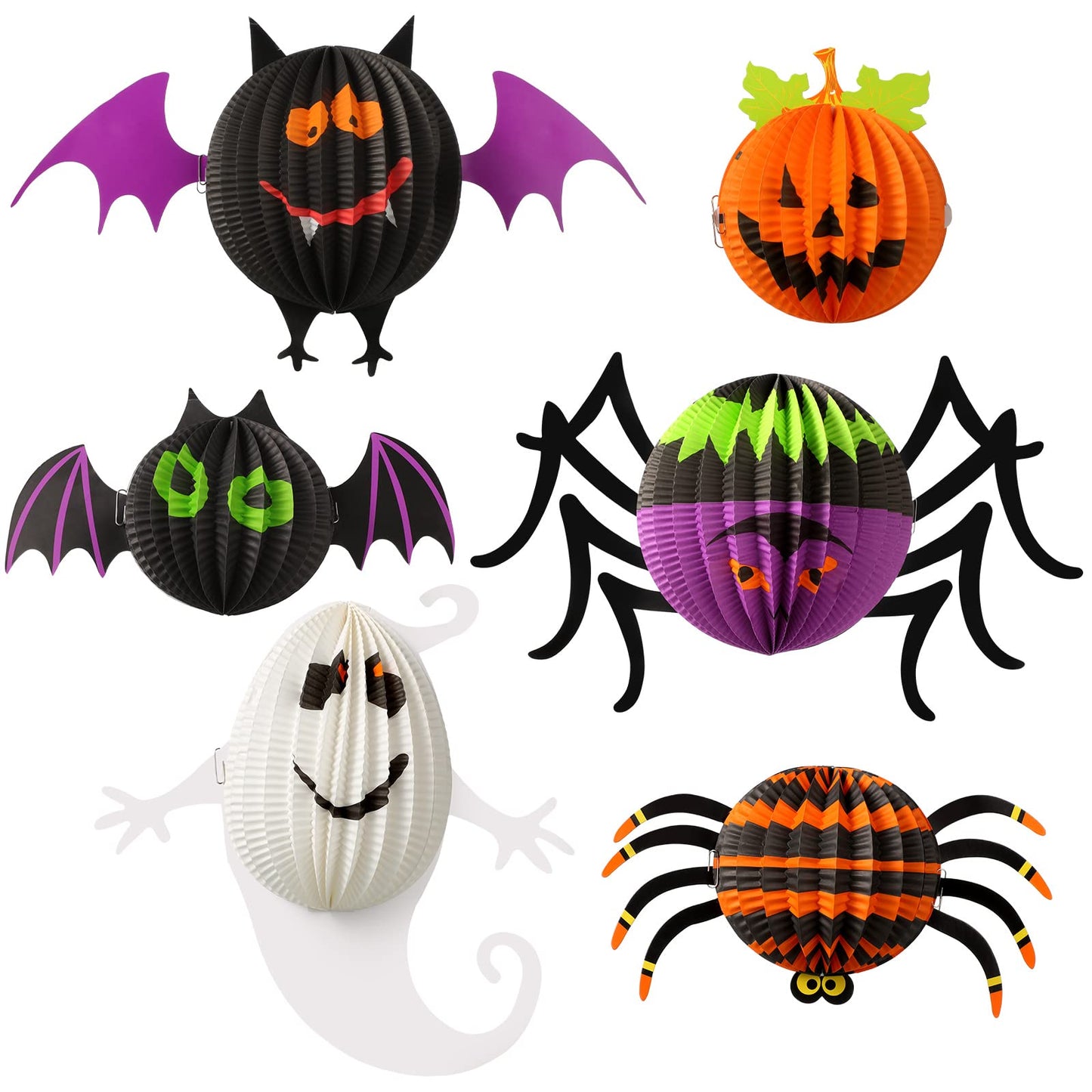 Jeyiour 6 Pack Halloween Paper Lanterns Hanging Decoration, 3D Honeycomb Spider Bat Pumpkin Paper Lantern Set, Foldable Jack O Lantern Party Decor for Indoor Outdoor Home Tree Halloween Display