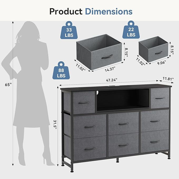 DUMOS TV Stand Dresser with 8 Fabric Drawers and Open Shelves, LED