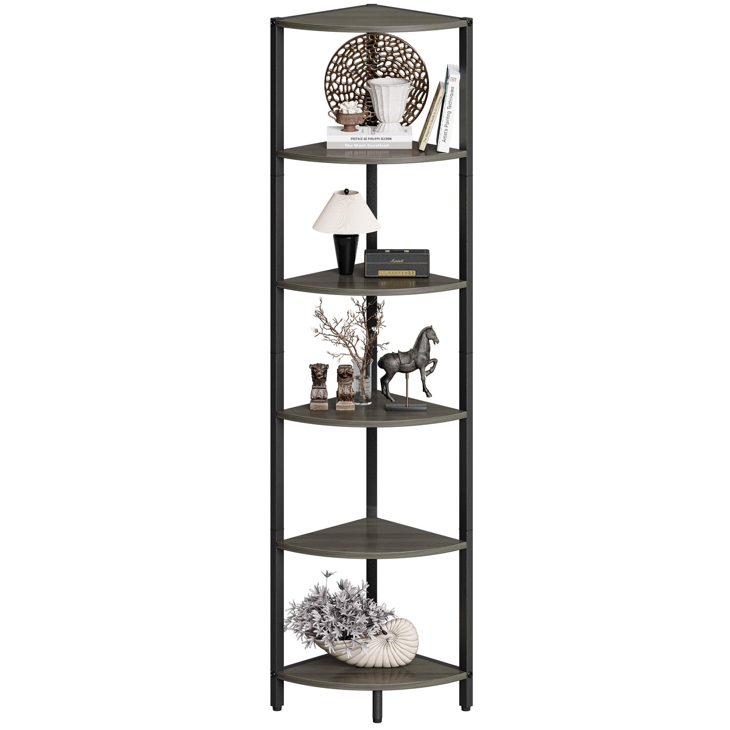 IRCPEN 6 Tier Corner Shelf 63.1" Tall Corner Shelves Stand Ladder Shelf Grey Woodgrain Industrial Standing Bookshelf Organizer Display Rack Bookcase Plant Stand for Living Room Bedroom CS-001GW