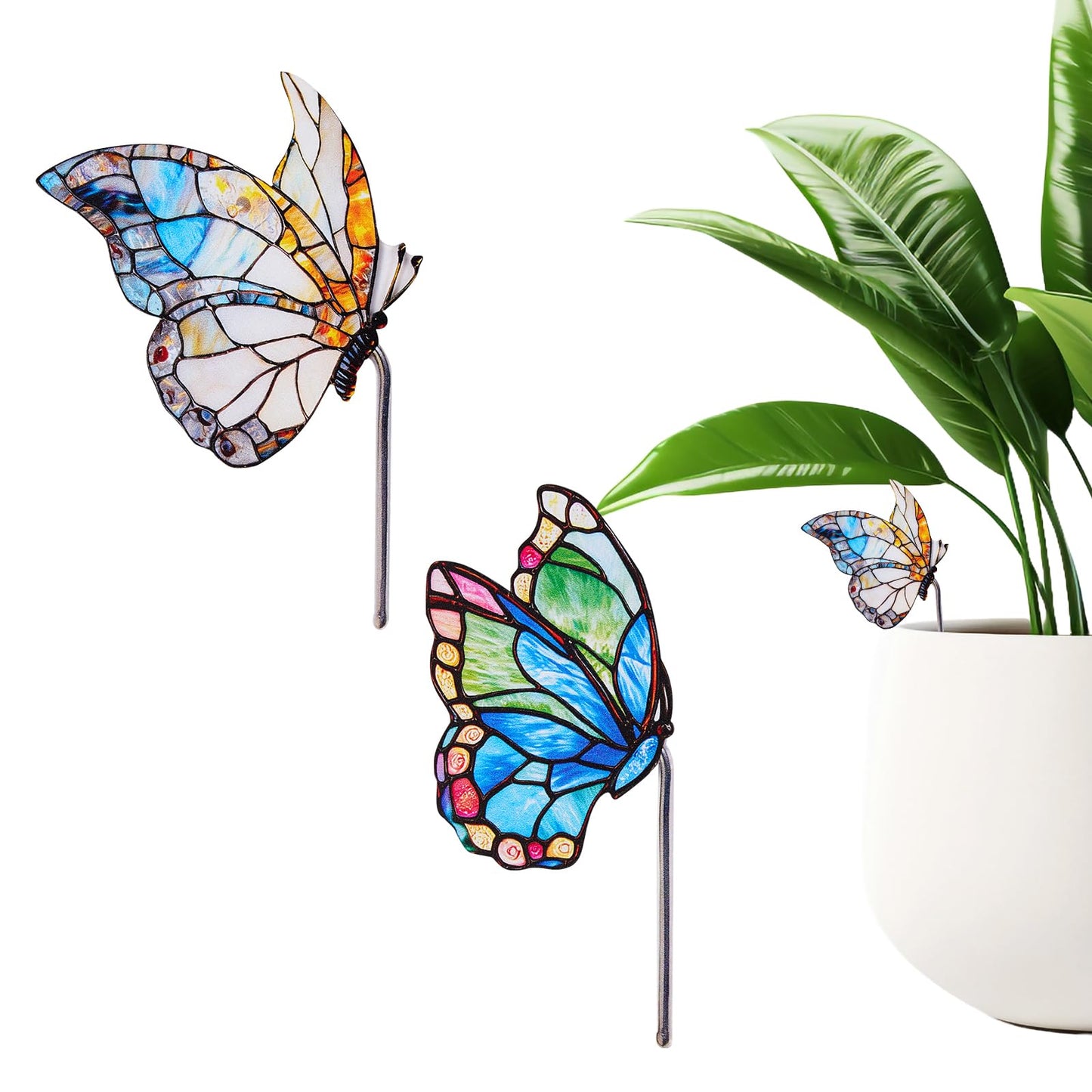 GTUDOR Flower Pot Decoration, 2Pcs Acrylic 2D Butterfly Plant Pot Hugger, 4.6 Inch Stained Butterfly Garden Stake Ornament Insert Decor for Indoor Patio (B)