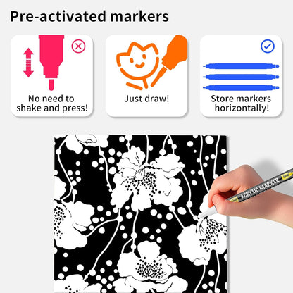 NAWOD 3 White Acrylic Paint Pens, Dual Tip (Fine 1mm + Dot 5mm) Permanent Markers for Rock, Fabric, Canvas, Ceramic, Glass, Wood, Paper, Labeling, Drawing, DIY Crafts